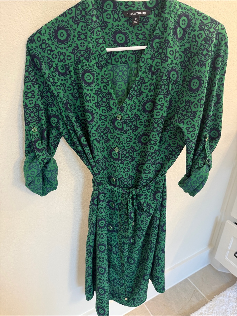 41 Hawthorn Emerald and Navy Geometric Midi Shirt Dress
